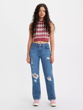 Levi's Low Pro Straight-Leg Distressed Jeans - Medium Blue